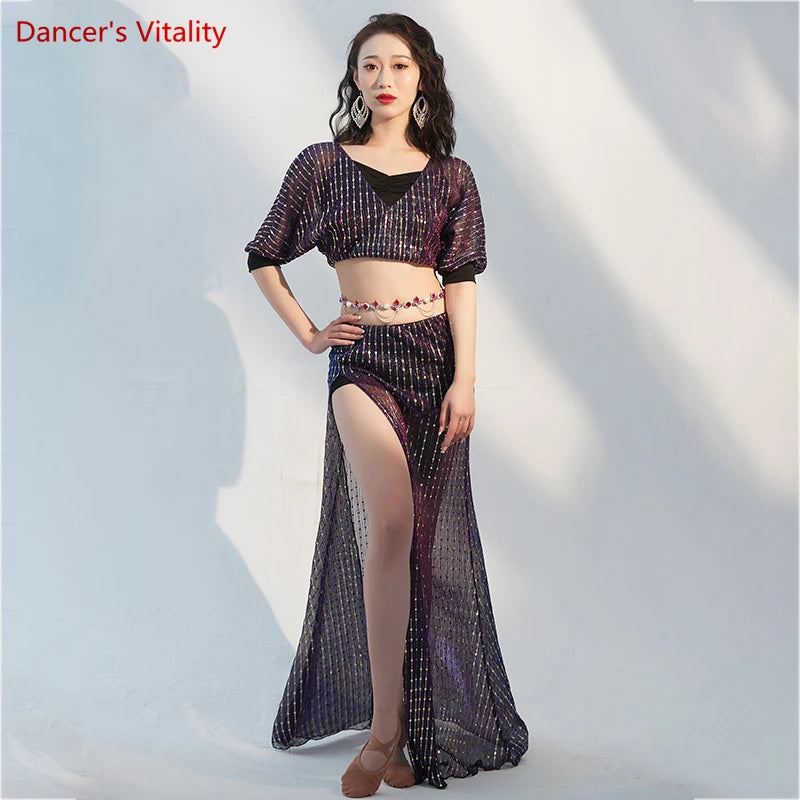 Women's Purple Sequin Mesh Crop Top & High Slit Skirt Belly Dance Costume