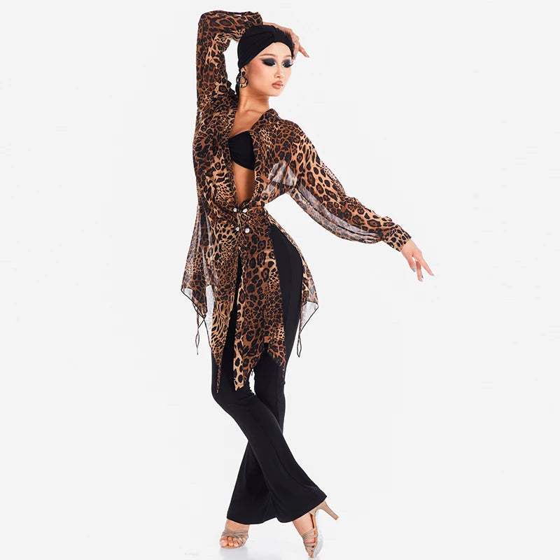 Women's Brown Leopard Print Chiffon Asymmetrical Tunic Top with Black Flare Dance Pants - Latin Ballroom