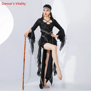 Women's Lime Green Chiffon & Lace Long Sleeve Tassel Belly Dance Dress with Headband
