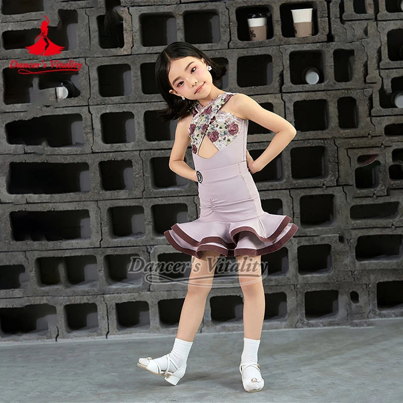 Girls Yellow Halter Neck Floral Lace Cutout Ruffled Latin Dance Dress