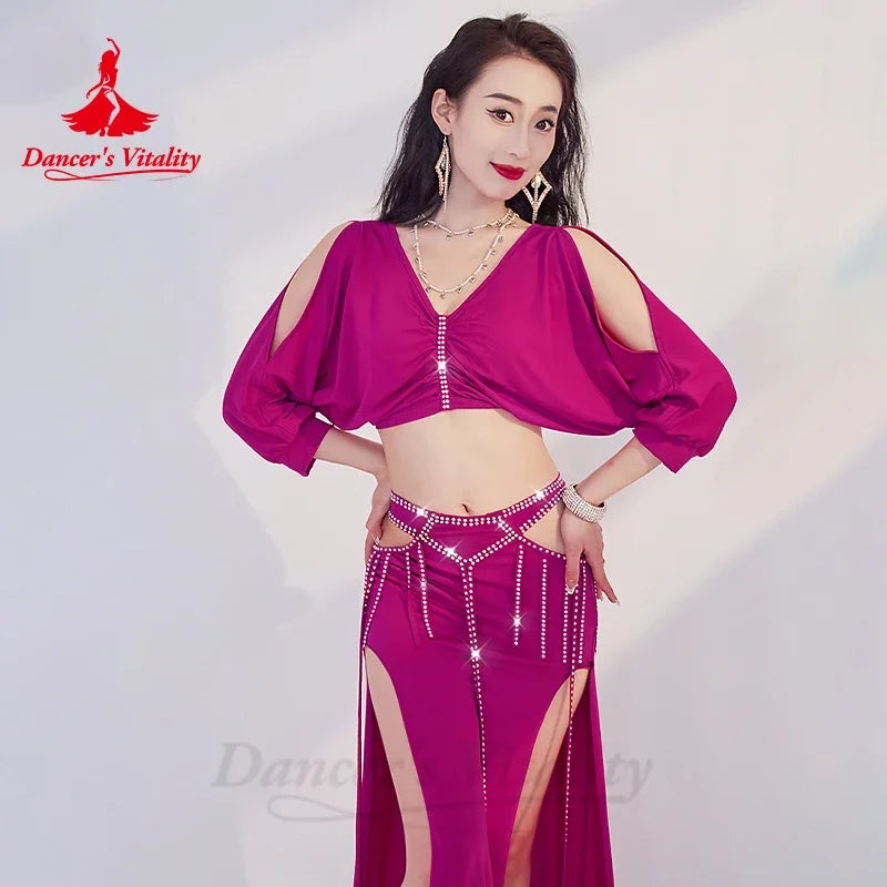 Women's Green V-Neck Crop Top and Slit Pants Set with Rhinestone Tassels, Belly Dance Costume