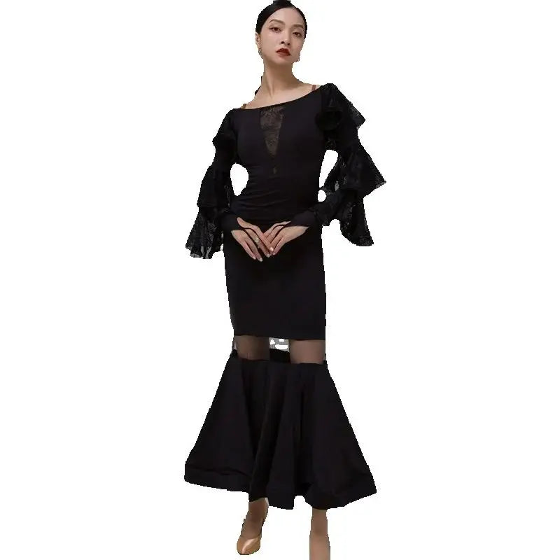 Latin Dance Dress Women Black Lace Ruffle Long Sleeve Sheer Mermaid Hem Lycra Spandex