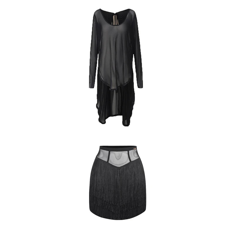 Women's Black Mesh Long Sleeve Latin Dance Dress with Fringe Skirt