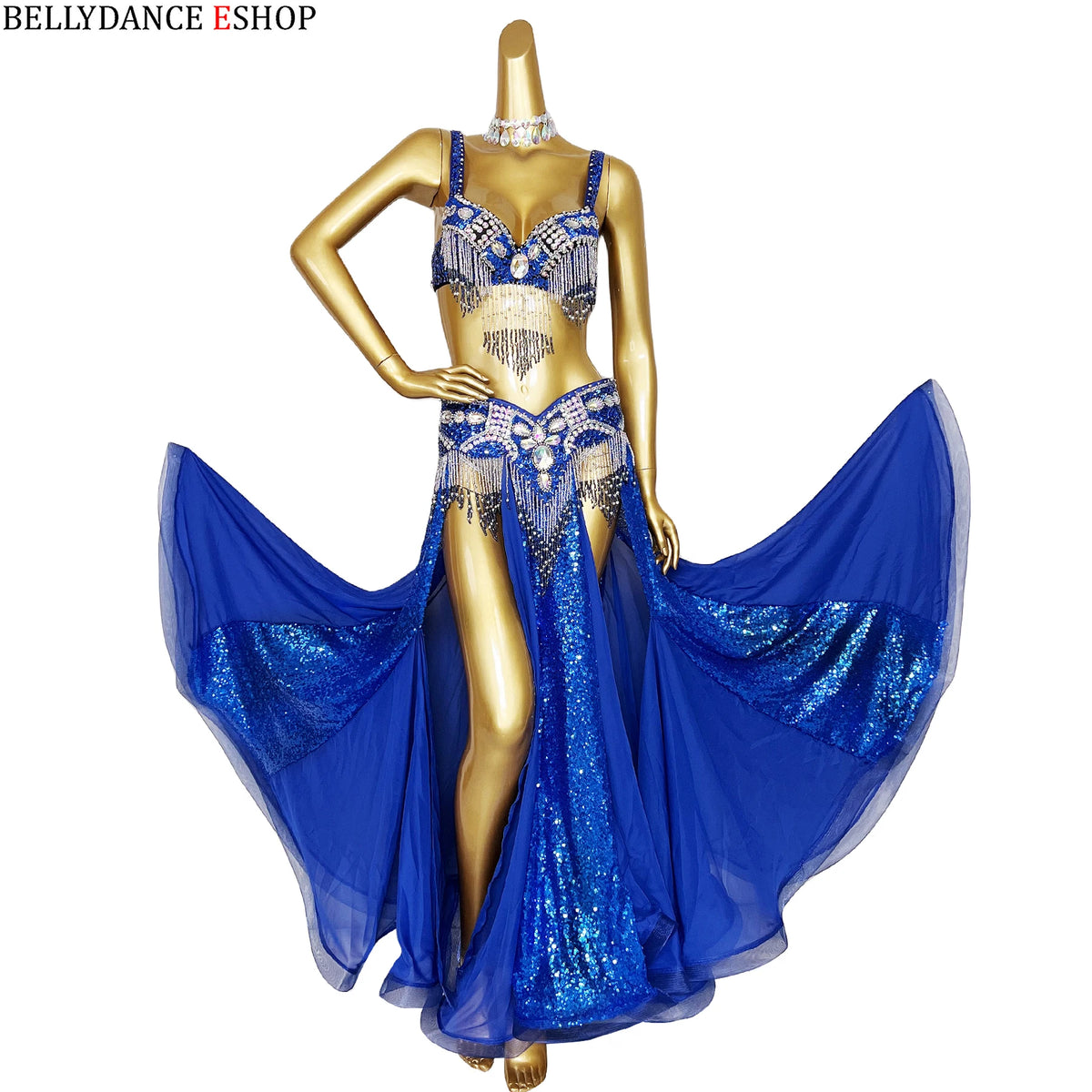 Belly Dance Costume Women Yellow & Gold Sequin Chiffon Bra Belt Skirt Set with Rhinestone Fringe