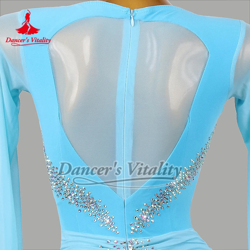 Women's Blue Ballroom Dance Dress, Long Sleeve Mesh Neckline, Ruched Bodice, Crystal Embellishments, Full Skirt