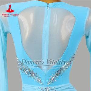 Women's Blue Ballroom Dance Dress, Long Sleeve Mesh Neckline, Ruched Bodice, Crystal Embellishments, Full Skirt