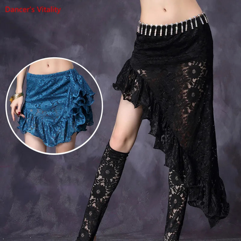 Belly Dance Skirt Women's Black Lace Asymmetrical Ruffled High-Slit Skirt with Hip Scarf and Leggings for Belly Dance Performance