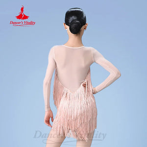 Women's Beige Fringe Latin Dance Dress with Long Sleeves, Ballroom Rumba Cha Cha Samba Tango Costume