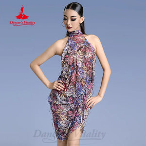 Ballroom Dance Dress Women's Multicolor Halter Neck Fringe Ruffle Latin Salsa Cha-Cha Rumba Performance Costume