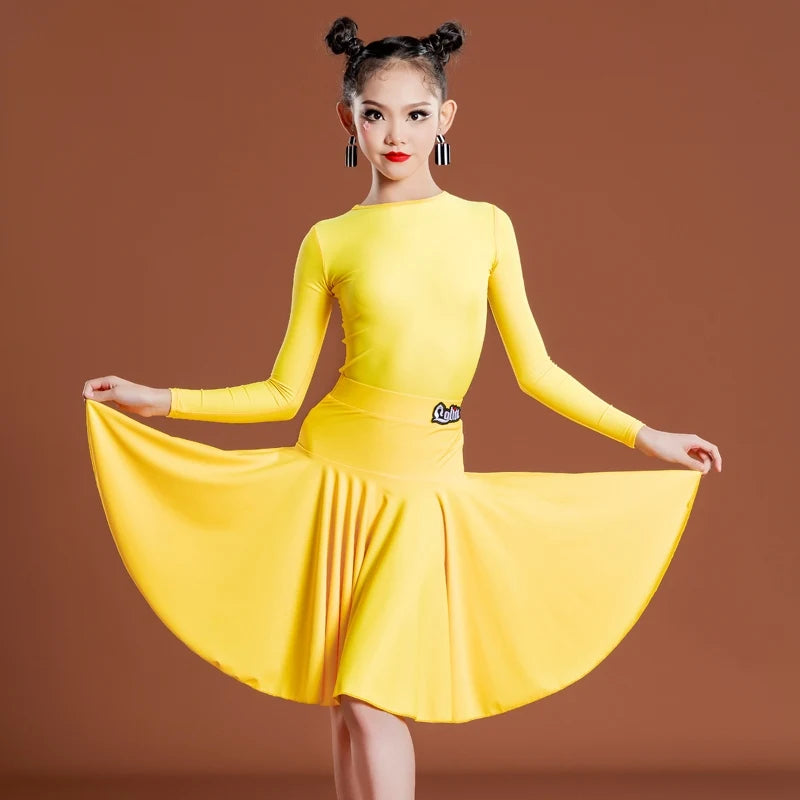 Girls Latin Dance Dress, Long Sleeve, Pleated Skirt, Ballroom Performance Costume