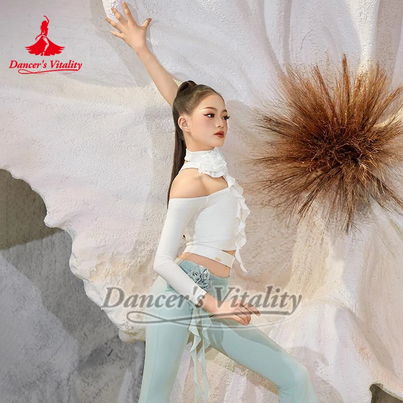 Women's Pink & White Off-Shoulder Ruffle Dance Top and Leggings Set with Floral Accents, Modern Contemporary Dance