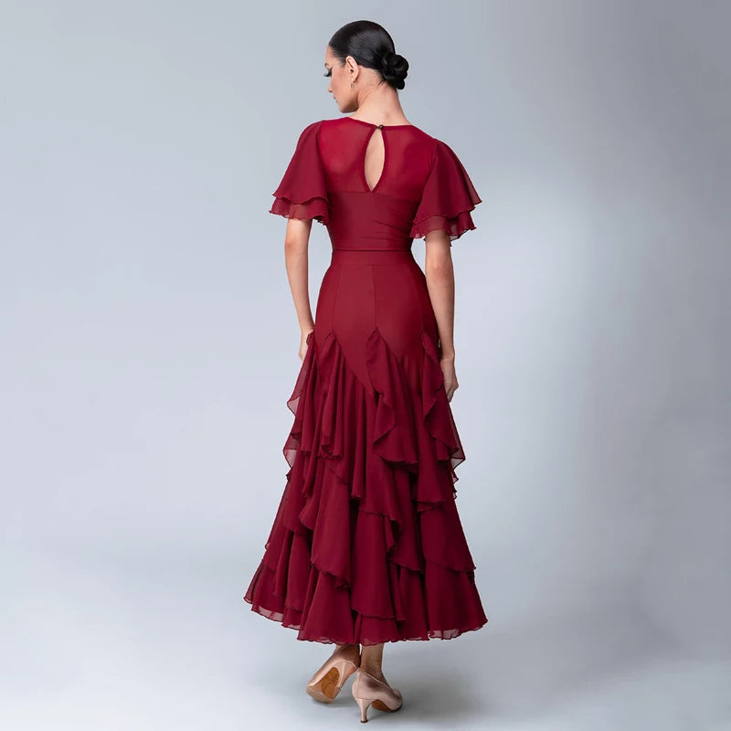 Women's Burgundy Chiffon Mesh Ruffled Ballroom Latin Dance Dress
