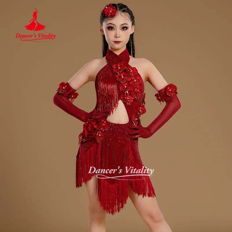 Women's Red Sequin Fringe Halter Latin Dance Dress with Floral Embellishments