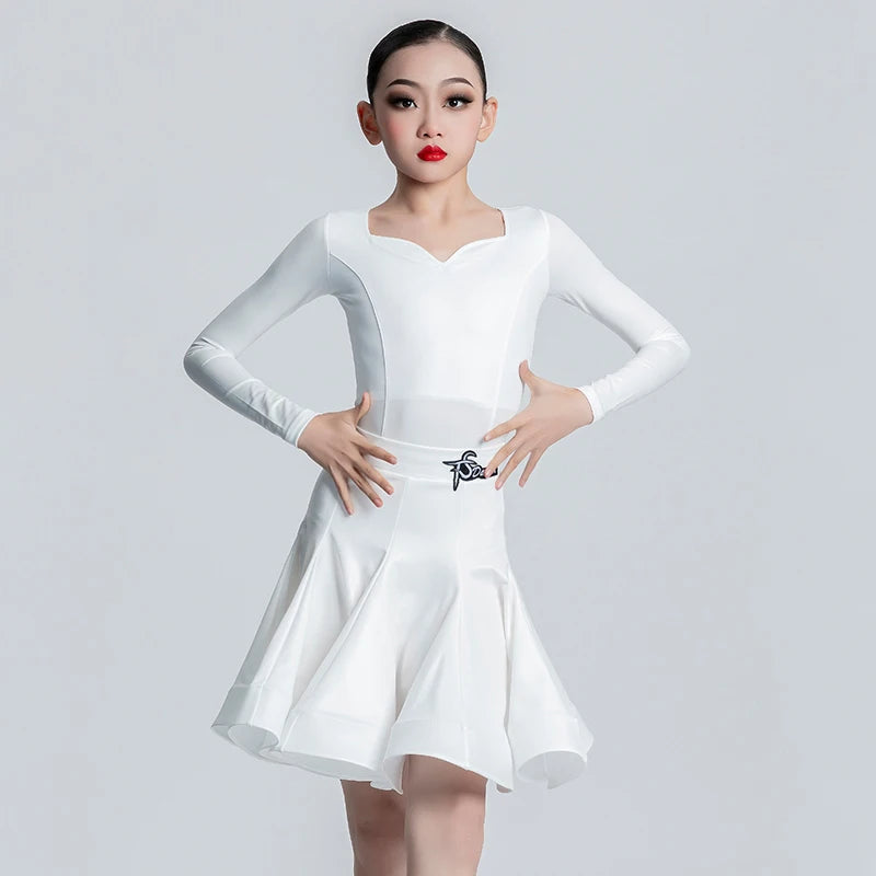 Girls Latin Dance Dress, Brown Red Black White Faux Leather Long Sleeve Skirt