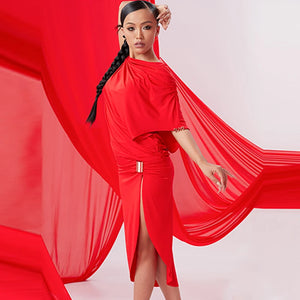 Women's Red & Black Drape Asymmetrical Slit Latin Dance Dress with Buckle Detail