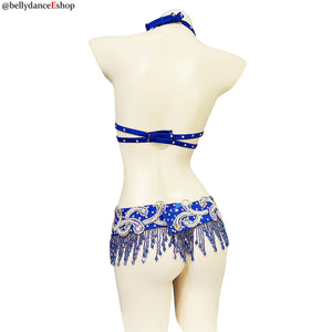 Belly Dance Bra and Belt Set, Women's White Embellished Sequin and Bead Halter Top and Fringe Hip Scarf, Professional Performance Costume