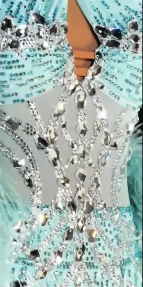 Women's Teal Ballroom Dance Gown with Feather Sleeves, Rhinestone Embellishments, and Halter Neck