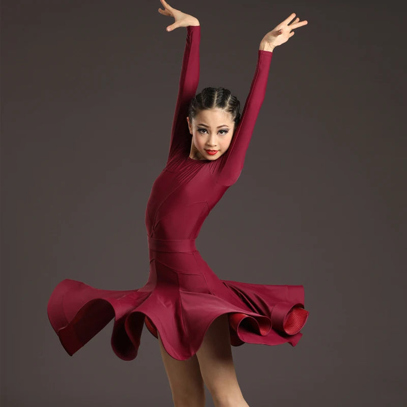 Girls Latin Dance Dress, Multi-Color Long Sleeve Ruffled Skirt Ballroom Performance Costume