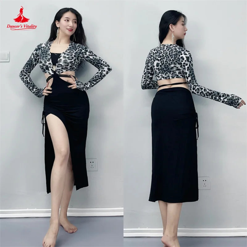 Women's Leopard Print Long Sleeve Crop Top & Black Slit Skirt Set - Latin Dancewear