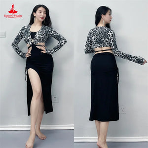 Women's Leopard Print Long Sleeve Crop Top & Black Slit Skirt Set - Latin Dancewear