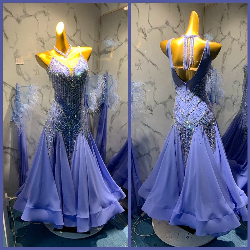 Ballroom Dance Dress Women Lavender Rhinestone Fringe Feather Open Back Full Skirt Smooth