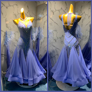 Ballroom Dance Dress Women Lavender Rhinestone Fringe Feather Open Back Full Skirt Smooth