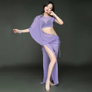 Women's Belly Dance Long Dress Costume With Short Sleeves For Performance