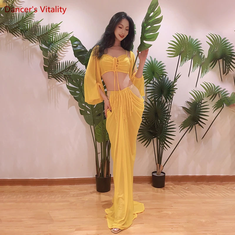 Women's Red Beaded Chiffon Bell Sleeve Crop Top & Drape Skirt Set, Belly Dance Costume
