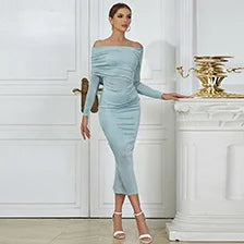 Elegant Off-Shoulder Blue Pleated Midi Bandage Dress with Long Sleeves