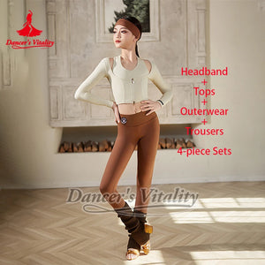 Women's Beige Long Sleeve Leotard with Leggings and Leg Warmers for Dance Practice