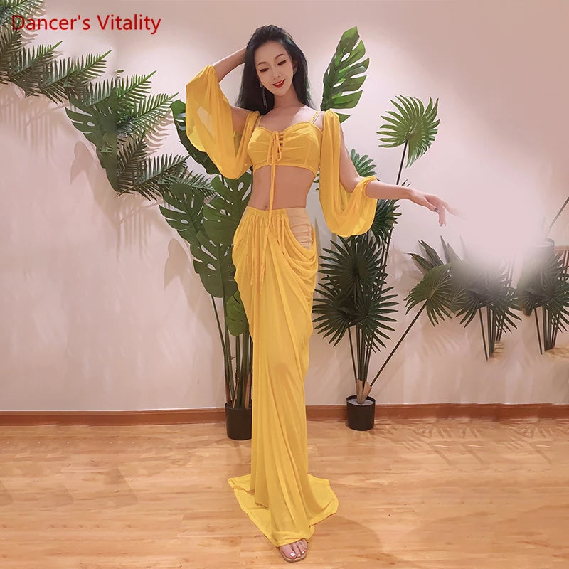 Women's Red Beaded Chiffon Bell Sleeve Crop Top & Drape Skirt Set, Belly Dance Costume