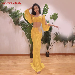 Women's Red Beaded Chiffon Bell Sleeve Crop Top & Drape Skirt Set, Belly Dance Costume