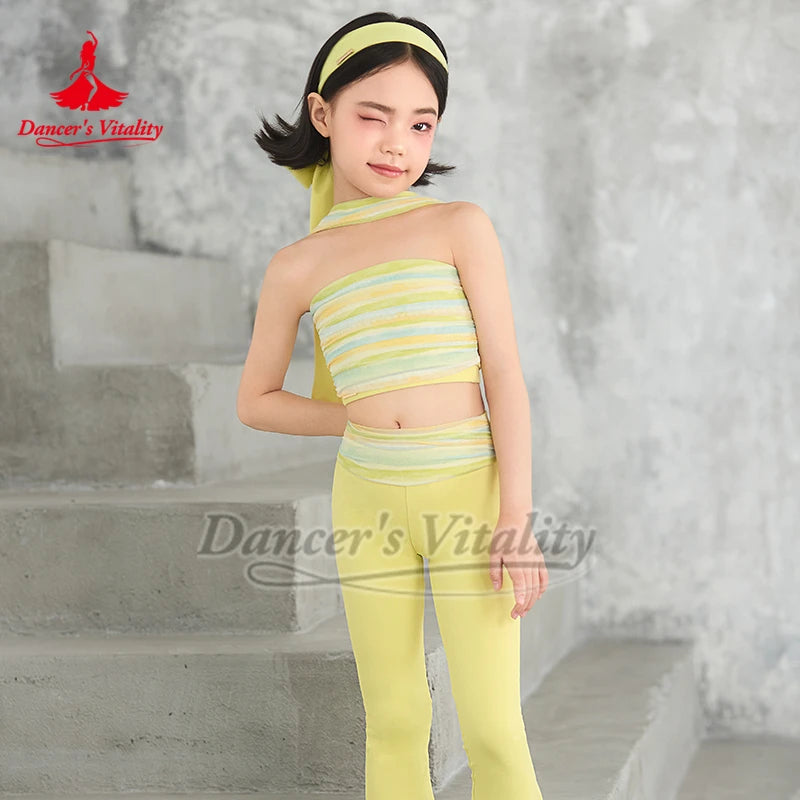 Girls Pink Striped Strapless Fringe Latin Dance Dress