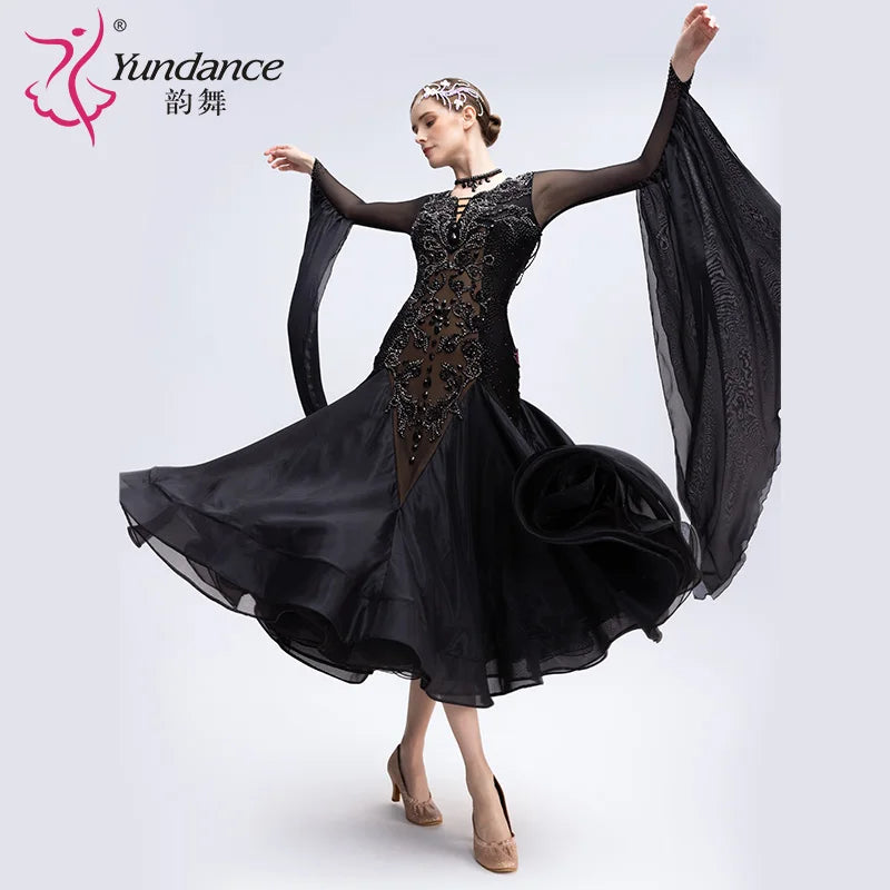 Women's Standard Ballroom Dance Dress In Black Satin Chiffon For Stage Performance