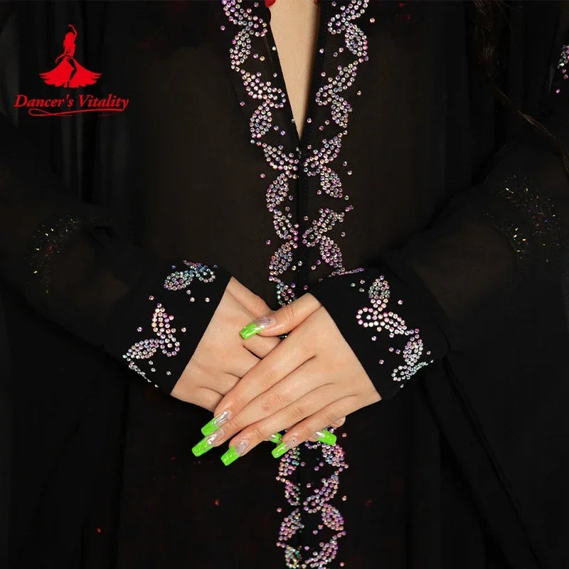 Belly Dance Women's Black Sheer Chiffon Kaftan with Silver Embroidery and Sequin Accents Tribal Fusion Costume