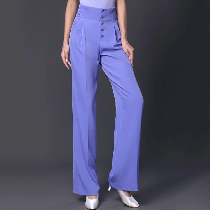 Women's White/Lavender/Black Off-Shoulder/Square Neck/Asymmetrical Ruffle Top with Pink/Lavender/Purple High-Waisted Wide-Leg Pants for Ballroom Dance