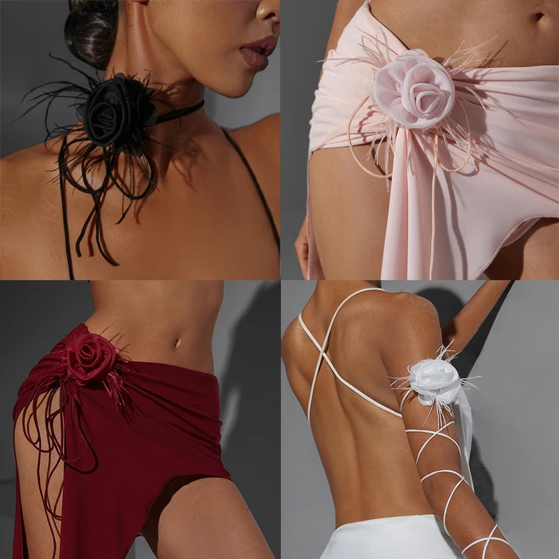 Women's Black Choker Feathered Rose, Pink Hip Feathered Rose, Burgundy Hip Feathered Rose, White Armband Feathered Rose Latin Dance Accessory