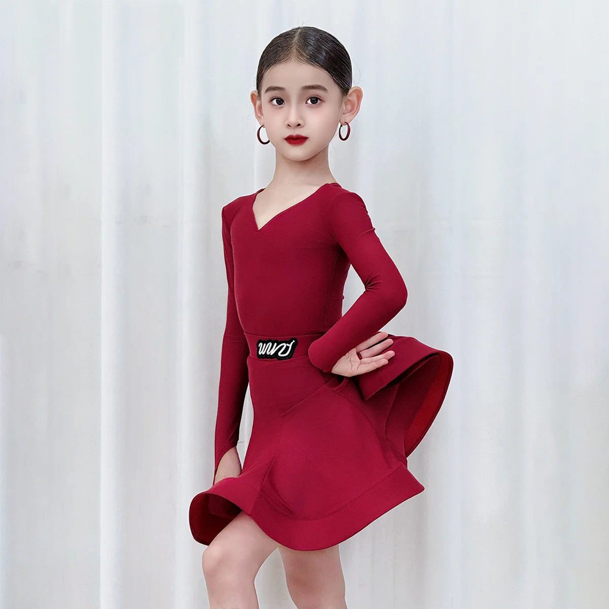 Girls' Pink Long Sleeve V-Neck Ruffled Skirt Latin Dance Dress