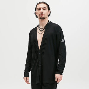 Men's White & Black Pleated V-Neck Long Sleeve Button-Down Dance Shirt