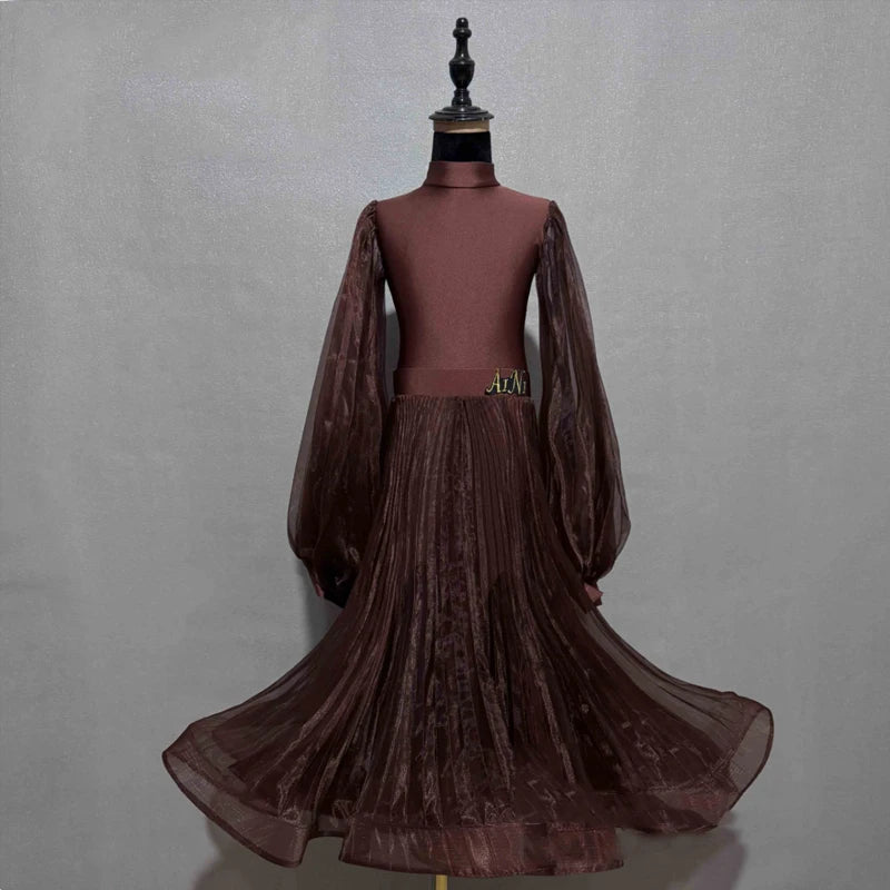 Children's Ballroom Dance Dress, Hot Pink, Royal Blue, Red, Yellow, Light Pink, Brown, Long Sleeve Mesh Skirt, Standard Latin Tango Waltz.