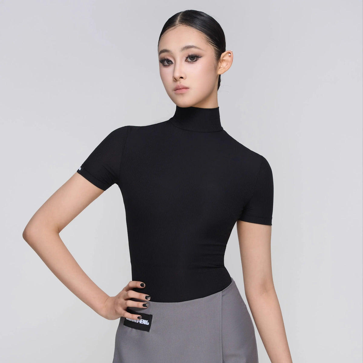 Women's White, Light Green, Black, and Gray Short Sleeve Mock Neck Dance Top with Flared Dance Pants