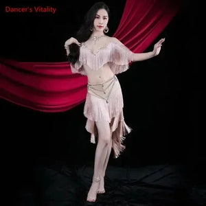 Women's Red Fringe Halter Top and Skirt Latin Dance Costume Set