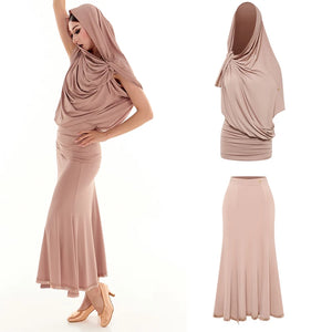 Women's Beige Modest Dance Top & Skirt Set, Draped Lycra, Latin Ballroom