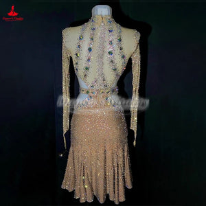 Latin Dance Dress With AB Rhinestones High Neck Long Sleeve For Women And Kids Cha-Cha Competition
