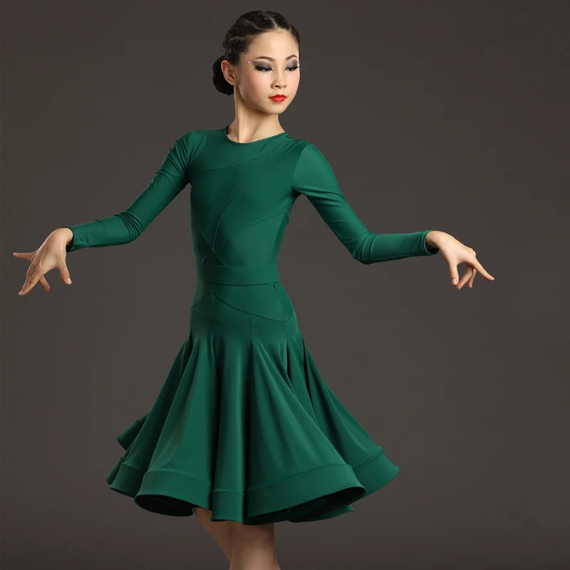Girls Latin Dance Dress, Multi-Color Long Sleeve Ruffled Skirt Ballroom Performance Costume