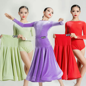 Girls' Velvet Long Sleeve Leotard & Skirt Set, Ballroom Latin Dance Costume