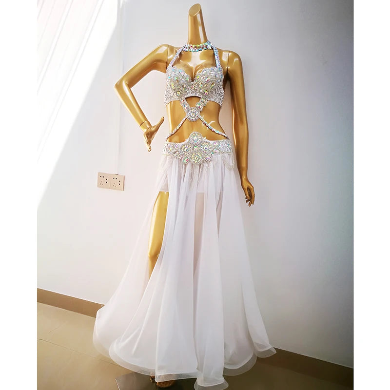 Belly Dance Costume, Women's Royal Blue Sequin Halter Top & High Slit Skirt, Chiffon & Beaded Professional Dancewear