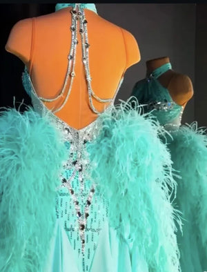 Women's Teal Ballroom Dance Gown with Feather Sleeves, Rhinestone Embellishments, and Halter Neck