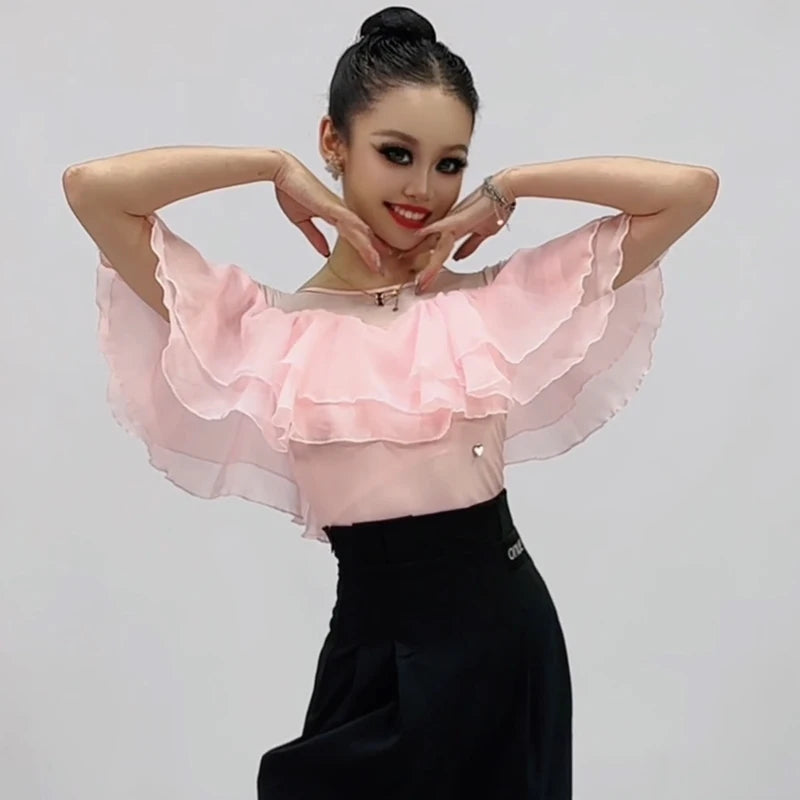 Women's Pink Ruffle Off-Shoulder Sheer Mesh Dance Top - Ballroom