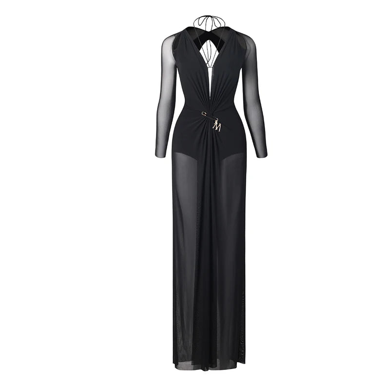 Women's Black Mesh Long Sleeve Deep V-Neck Sheer Maxi Ballroom Latin Dance Dress